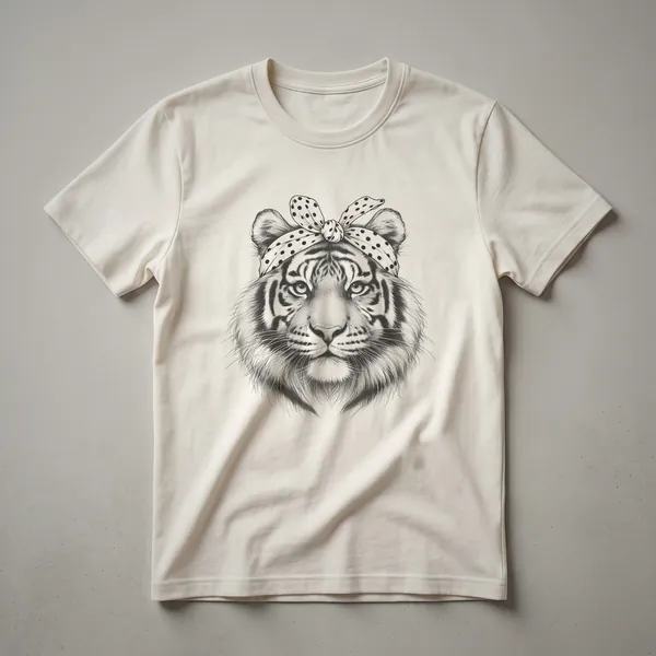 A vintage distressed graphic t-shirt featuring a tiger face with floral accents, designed for women and girls.