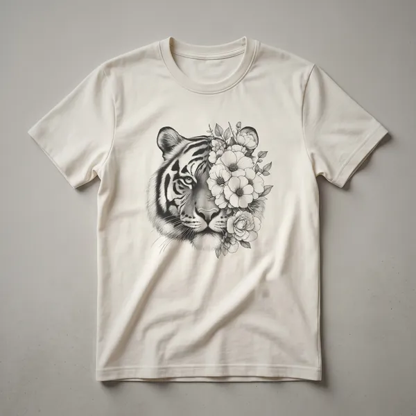 A graphic t-shirt featuring a stylized tiger face created from colorful floral elements, set against a plain background.