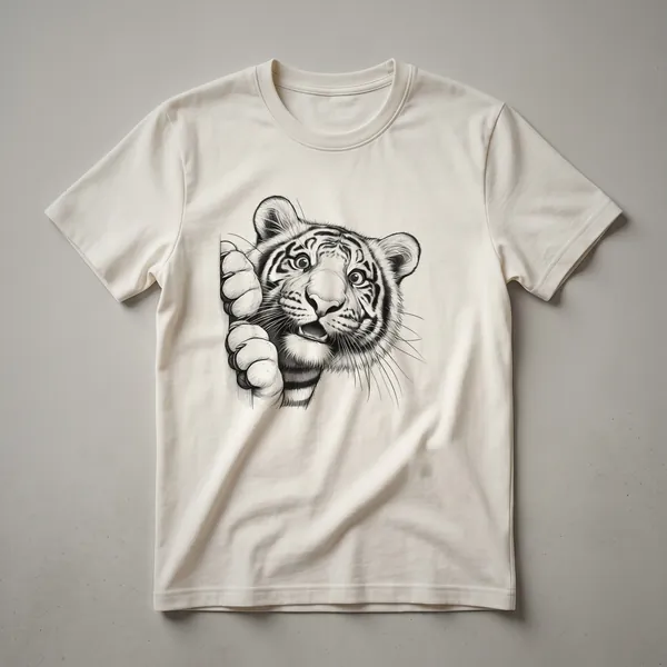 Black graphic t-shirt featuring a cartoon tiger peeking over a black line with the word 'ROAR' below.