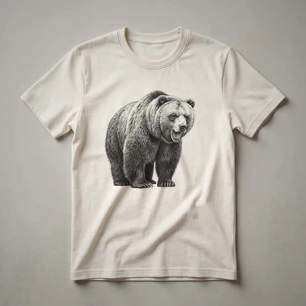 White graphic t-shirt featuring a cartoon bear with droopy eyes and a slumped posture, looking very tired.