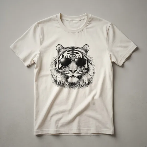 White graphic t-shirt featuring a stylized tiger face wearing dark sunglasses, with bold black stripes and orange fur details.