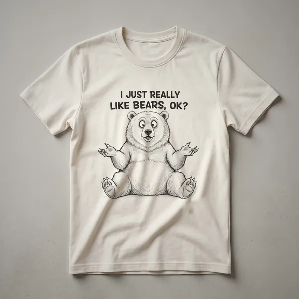 Black graphic t-shirt with a white bear silhouette and the text 'I Just Really Like Bears, Ok?' in white.