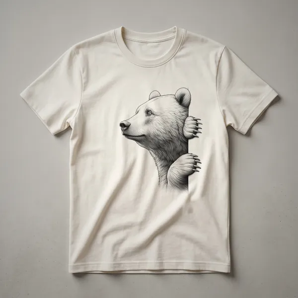White graphic t-shirt with a cartoon brown bear peeking over the bottom hem, with its head and paws visible.