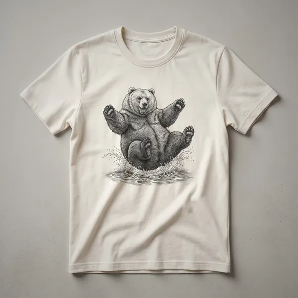 Black graphic t-shirt with a cartoon illustration of a brown bear jumping with a wide grin and outstretched arms.