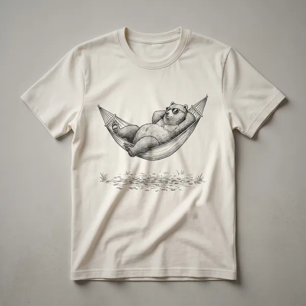 Black graphic t-shirt featuring a distressed illustration of a cartoon bear sitting by a campfire with a tent and trees in the background.