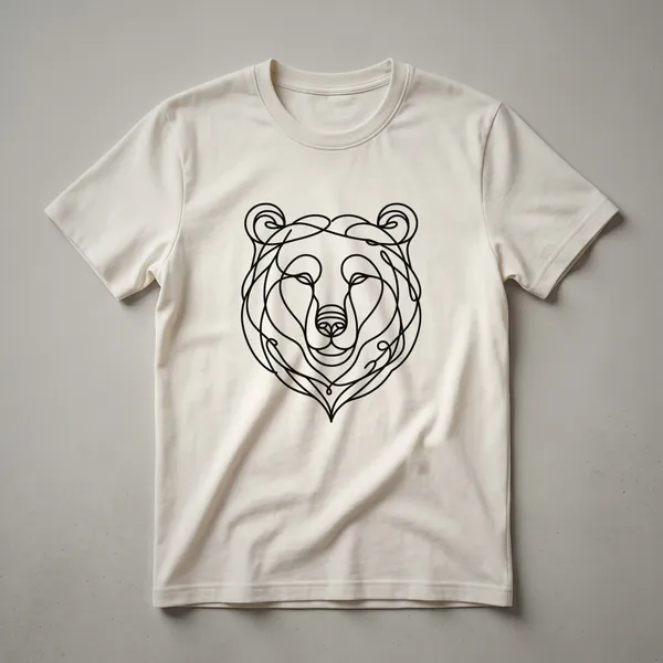 A black and white minimalist line art graphic of a bear's face printed on a t-shirt.