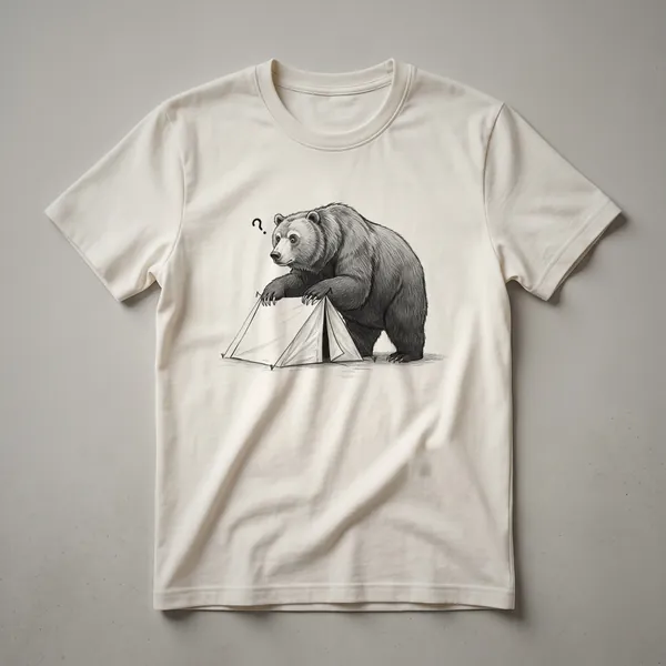 White graphic t-shirt with a cartoon bear wearing a backpack and holding a walking stick, with pine trees and mountains in the background.