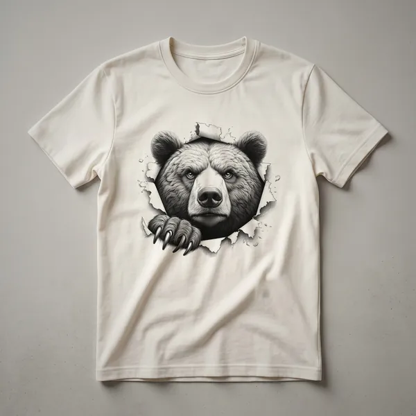 A black graphic t-shirt featuring a distressed illustration of a bear's head peeking from the side, with an intense expression.