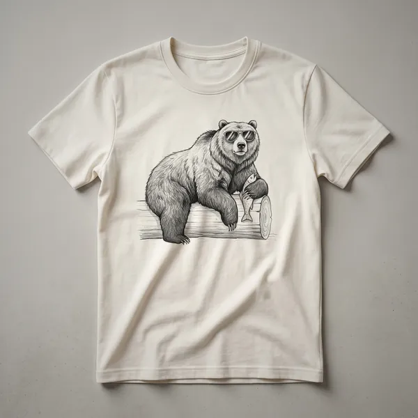 White graphic t-shirt featuring a cartoon brown bear wearing sunglasses, holding a fishing rod, and catching a fish.