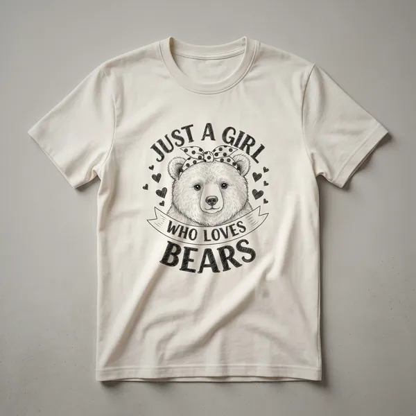 White graphic t-shirt featuring a stylized grizzly bear illustration with the text 'Just A Girl Who Loves Bears' in black lettering.
