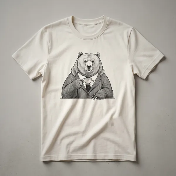 White graphic t-shirt with a distressed design of a cartoon bear holding a teacup, appearing to enjoy a warm beverage.