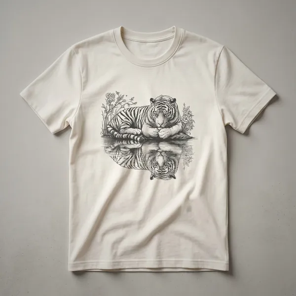 Black t-shirt with a graphic of a tiger's face, showing a forest and mountain landscape reflected in its eyes.