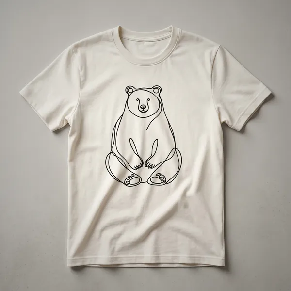 A black minimalist line art drawing of a bear's head, showcasing its profile and ears, on a white t-shirt.