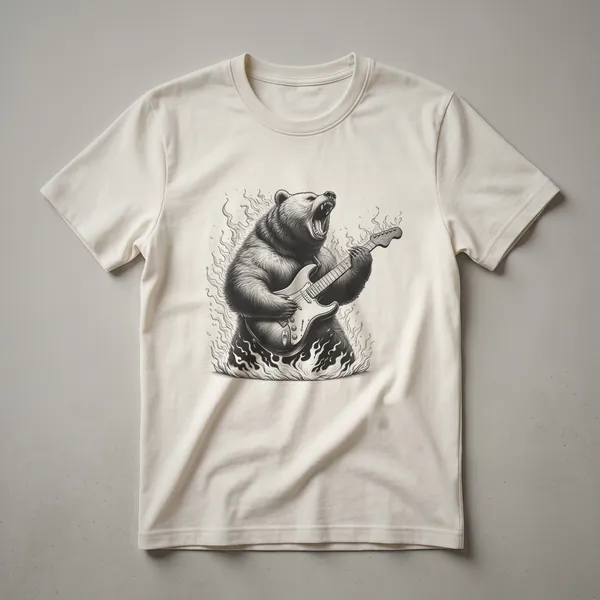White graphic t-shirt featuring a cartoon grizzly bear playing a red electric guitar with a determined expression.