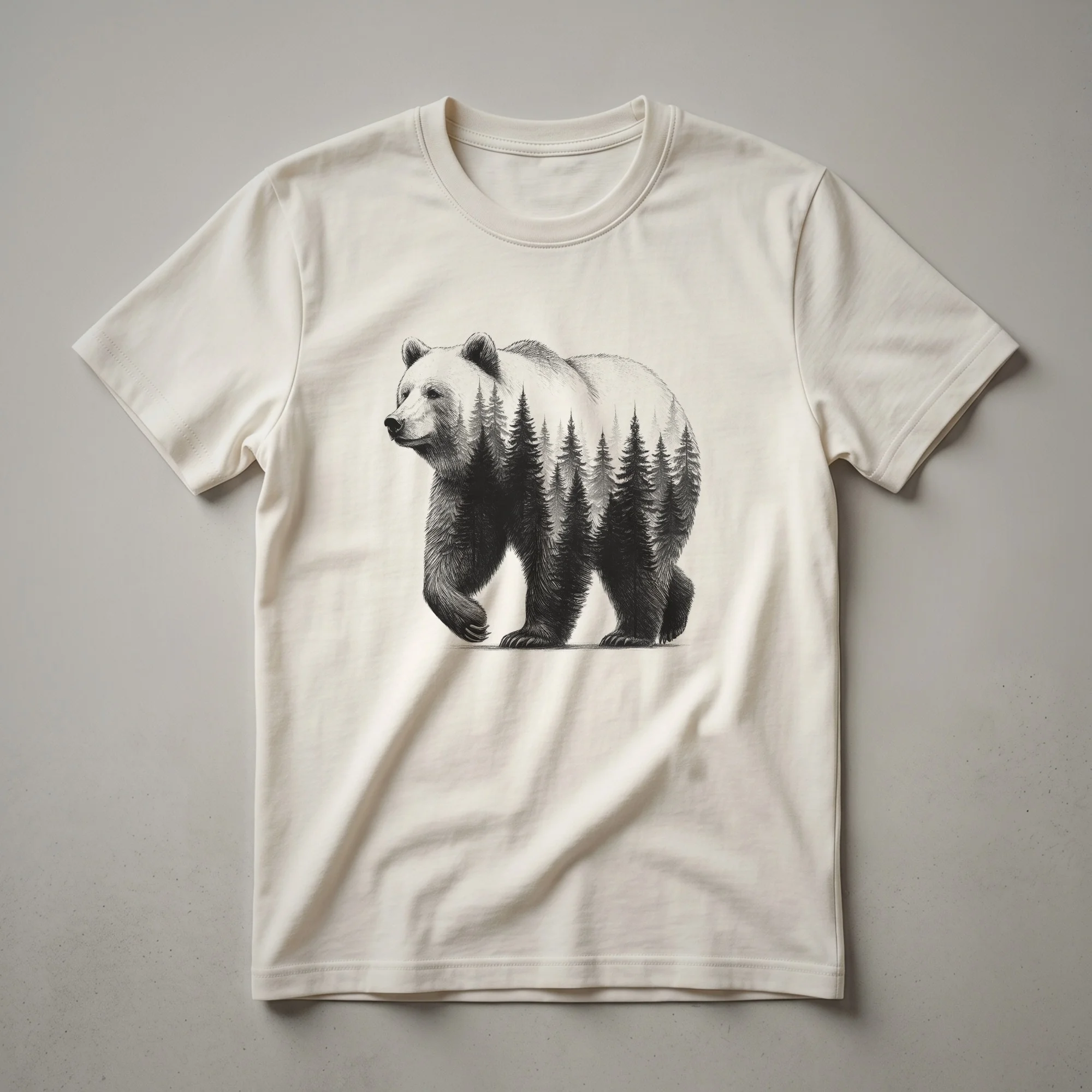 Black graphic t-shirt with a white bear silhouette inside a forest scene with pine trees and mountains.