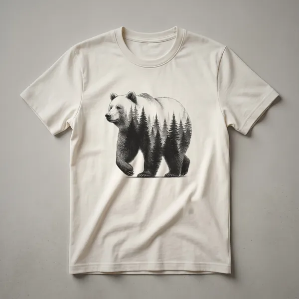 Black graphic t-shirt with a white bear silhouette inside a forest scene with pine trees and mountains.