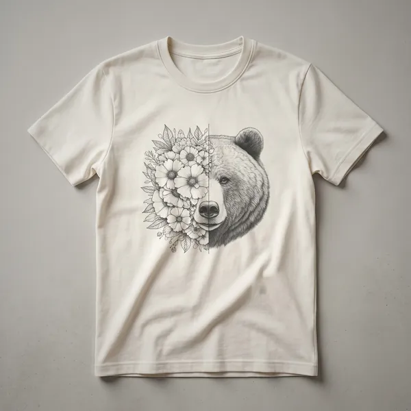White graphic t-shirt with a black bear silhouette filled with a colorful floral pattern, designed for women who love wildlife.