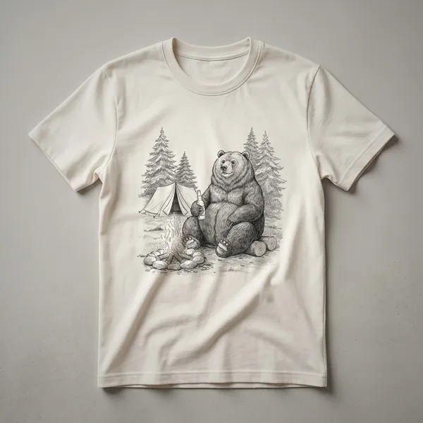 Black t-shirt with a graphic design of a cartoon bear sitting by a campfire, holding a beer, with a tent and trees in the background.