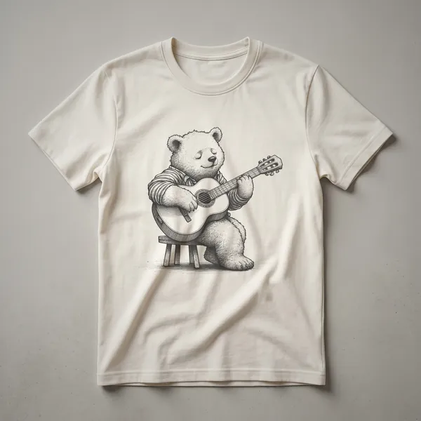 White graphic t-shirt featuring a cartoon brown bear playing an acoustic guitar with black musical notes floating around it.