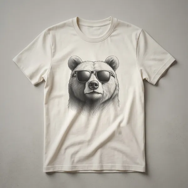 Black graphic t-shirt with a stylized bear wearing sunglasses in a cool pose, set against a plain background.