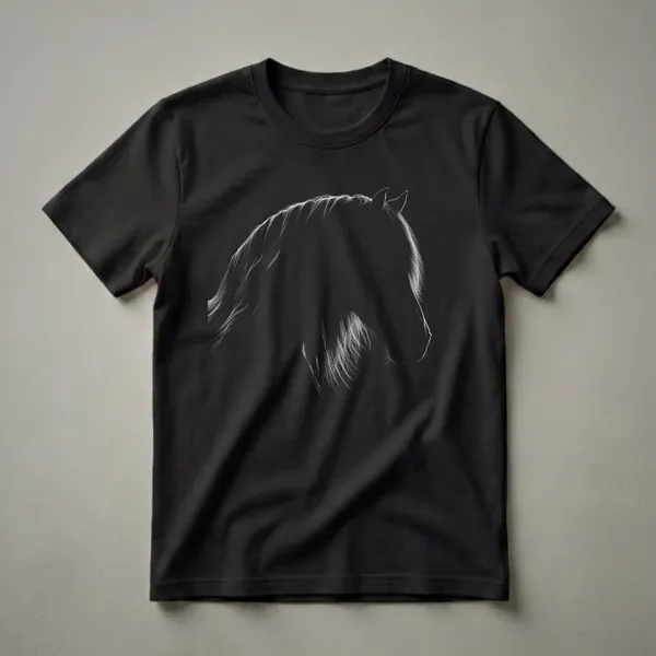 Black and white graphic t-shirt featuring the silhouette of a horse's head and flowing mane against a black background.