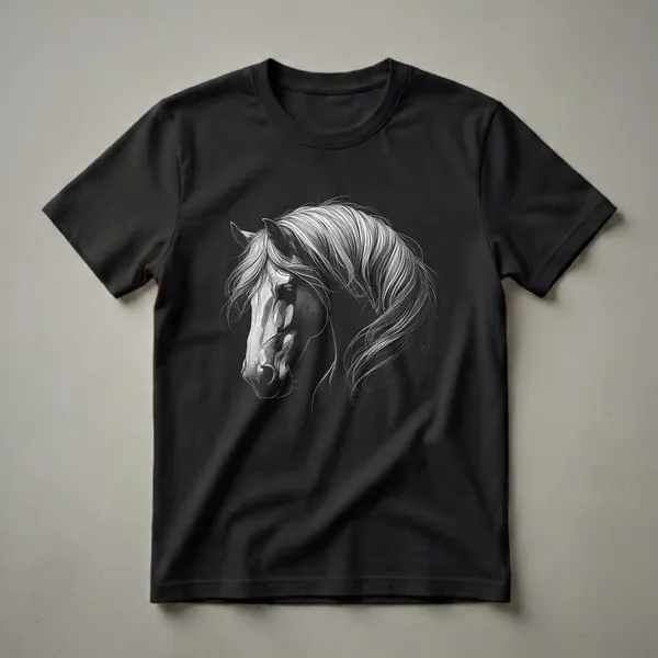 Black t-shirt with a fine white scratchboard-style horse head portrait in three-quarter profile with a flowing, detailed mane.