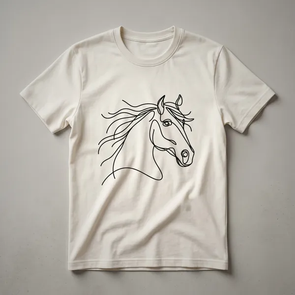 A black minimalist line art drawing of a horse's head, showcasing its profile with clean lines, printed on a white t-shirt.