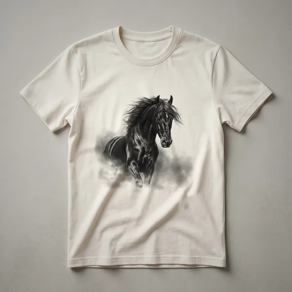 White graphic t-shirt with a black silhouette of a horse's head, its mane filled with a colorful floral design.