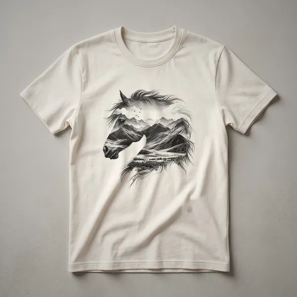 A black graphic t-shirt featuring a stylized horse head with a woodland nature scene incorporated into its mane and background, including trees and foliage.