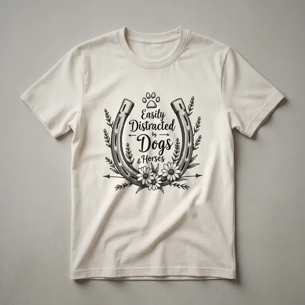 White graphic t-shirt with black text that reads 'Easily Distracted By Dogs and Horses' and features a silhouette of a horse and a dog.