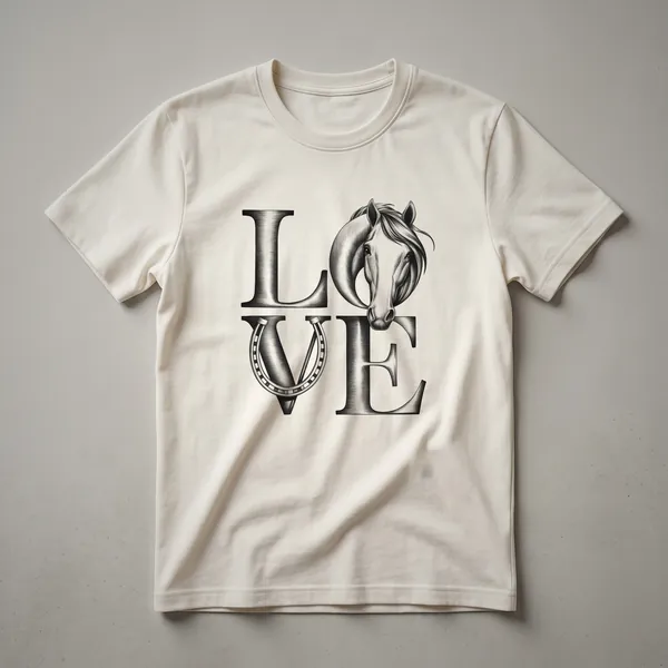 Black graphic t-shirt with a stylized horse head design where the mane forms a heart shape, symbolizing love for horses.