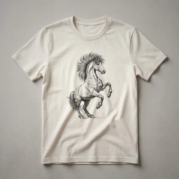 A white t-shirt featuring a black line drawing of a horse's head in profile, with a vintage aesthetic.