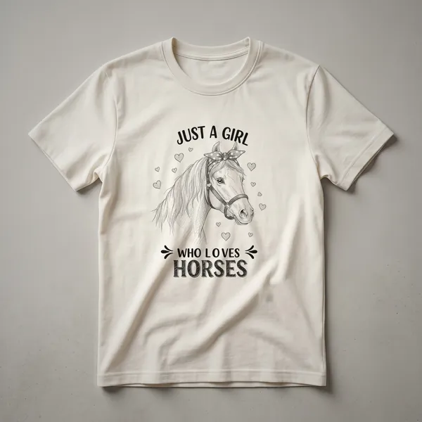 White graphic t-shirt with a black horse silhouette and text that reads 'Just A Girl Who Loves Horses'.