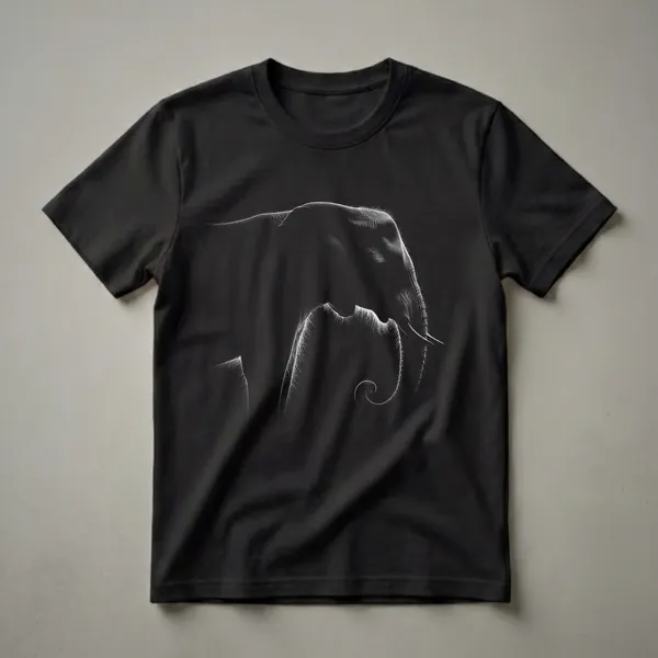 Black t-shirt with a white line art illustration of an elephant's profile, showcasing its head, trunk, and tusks against a black background.