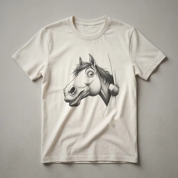 Black t-shirt with a graphic design of a horse's head peeking from the bottom edge, with the word 'Equestrian' below.