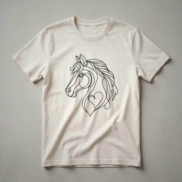 Dark t-shirt with a minimalist line art drawing of a horse's head forming part of a heart shape, symbolizing horse love.