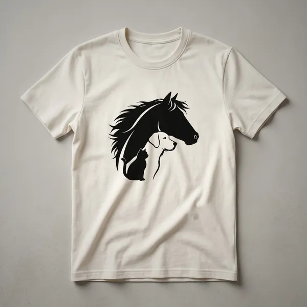 White t-shirt with a graphic design featuring a cartoon horse, dog, and cat illustration.