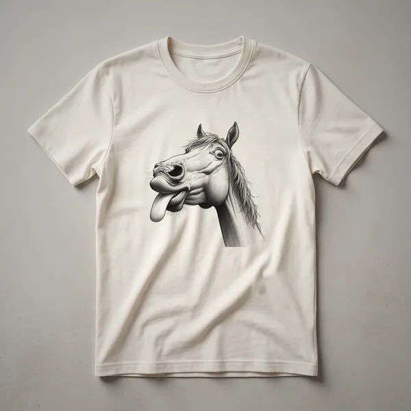 Black and white graphic t-shirt featuring a horse's head with a funny expression and its tongue sticking out.
