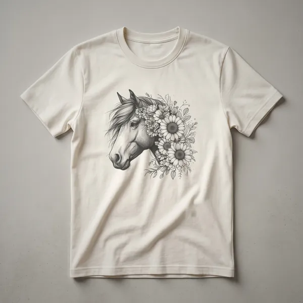 A white graphic t-shirt with a black horse silhouette filled with a colorful floral pattern, designed for women.