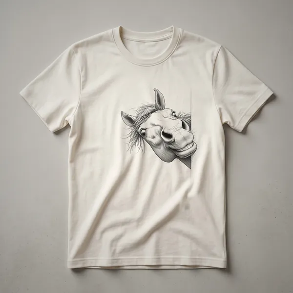 White graphic t-shirt featuring a cartoon horse wearing a party hat, with a surprised expression, surrounded by confetti and stars.