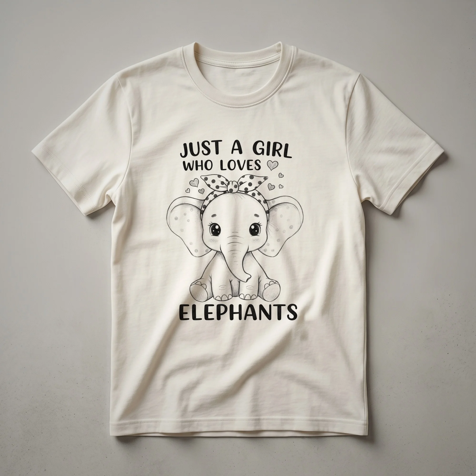 A white graphic t-shirt featuring a black silhouette of an elephant filled with floral patterns, with the text 'Just A Girl Who Loves Elephants' above it.