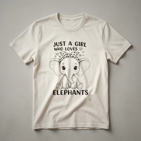 A white graphic t-shirt featuring a black silhouette of an elephant filled with floral patterns, with the text 'Just A Girl Who Loves Elephants' above it.