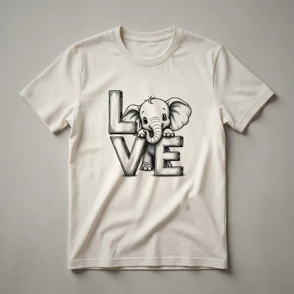 White graphic t-shirt featuring a stylized illustration of an elephant with a heart symbol in black and red.