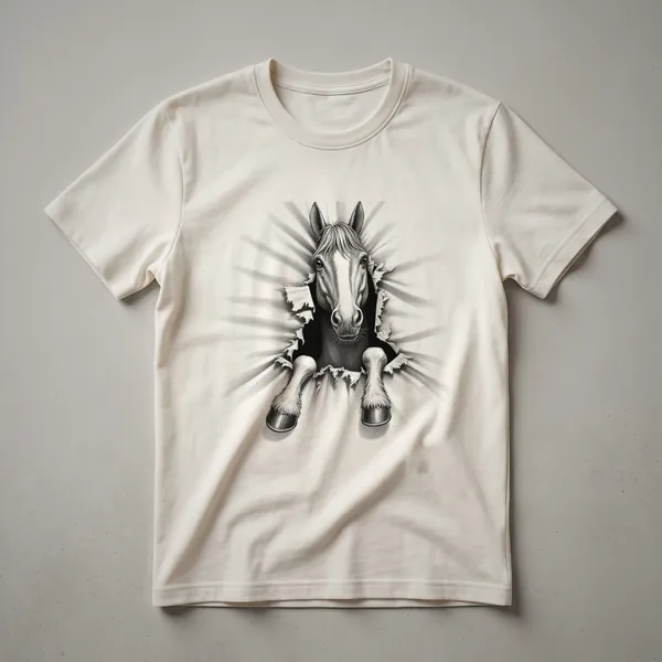 A white t-shirt featuring a black line drawing of a horse's head peeking from the left side of the design.