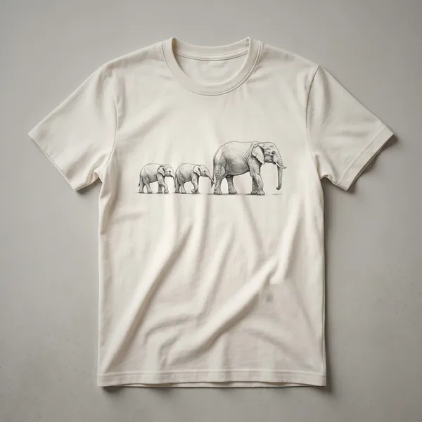 A black and white line drawing of a mother elephant and her calf on a white t-shirt.