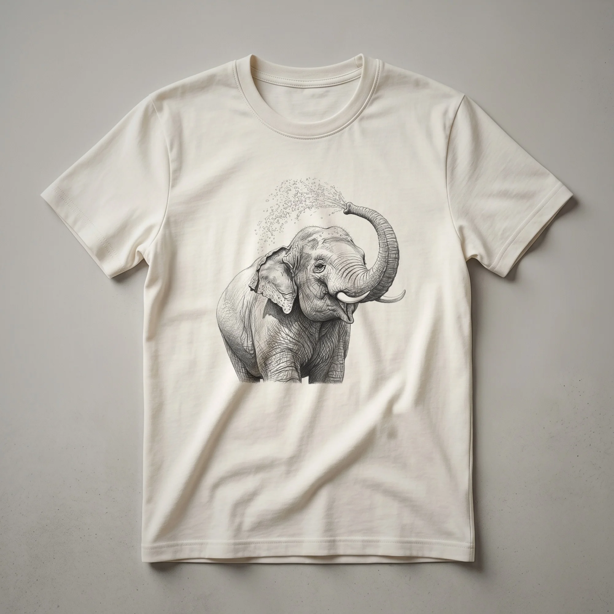 A white graphic t-shirt featuring an illustration of an elephant spraying water from its trunk.