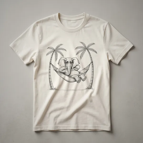 White graphic t-shirt featuring a cartoon elephant wearing black sunglasses and standing next to two green palm trees with a light blue background.