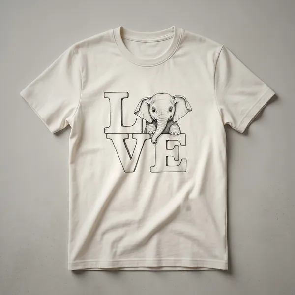 A white t-shirt featuring a black line drawing of an elephant with its trunk forming a heart shape, presented in a vintage style.