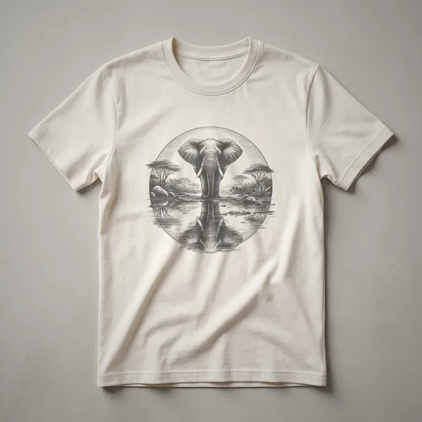 A black graphic t-shirt featuring a sketch-style design of an elephant in a natural landscape with a reflective scene.