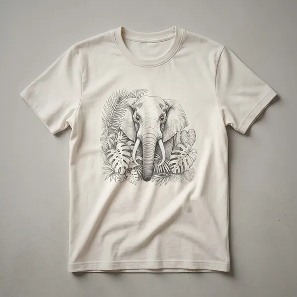 A vintage drawing of an elephant's head emerging from behind lush green jungle leaves, printed on a white t-shirt.